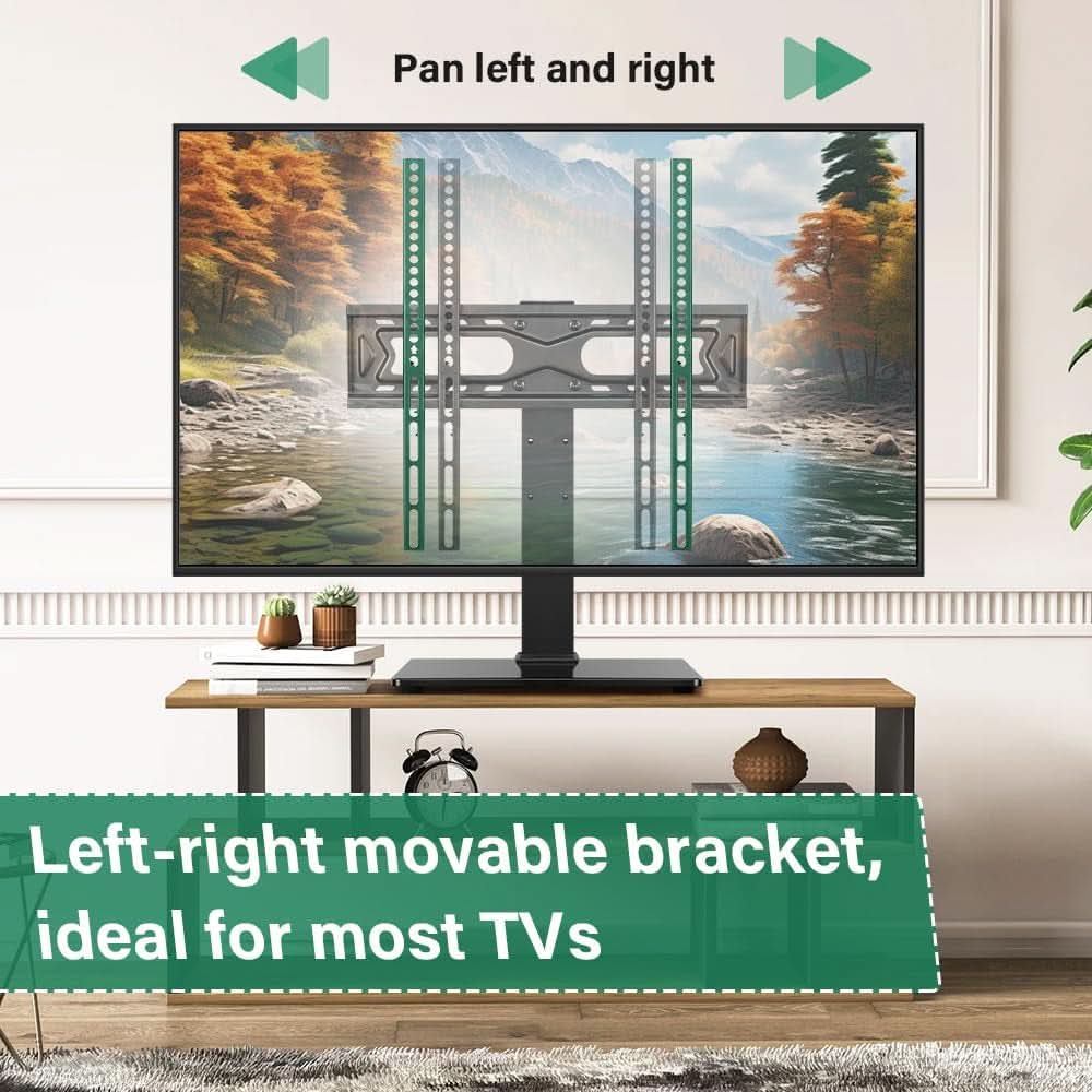 Universal TV stand with a tempered glass base supporting a large flat screen television display — view 5
