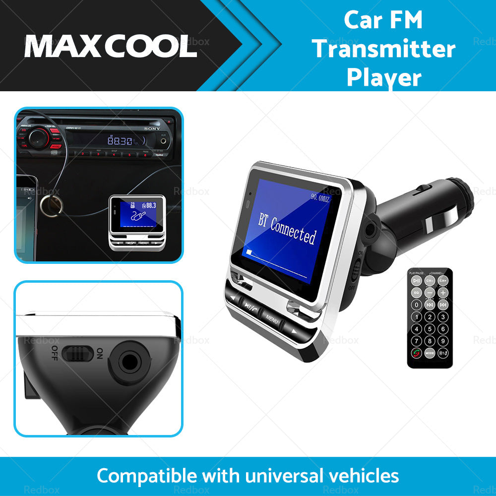 Bluetooth car FM transmitter with LCD screen and remote control plugged into a dashboard — view 2