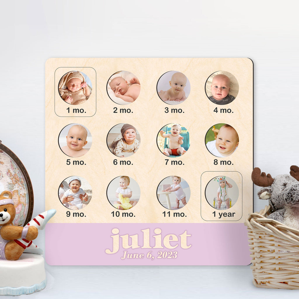 Custom wooden baby first year milestone photo collage board with monthly picture frames and personalized name