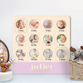Custom wooden baby first year milestone photo collage board with monthly picture frames and personalized name