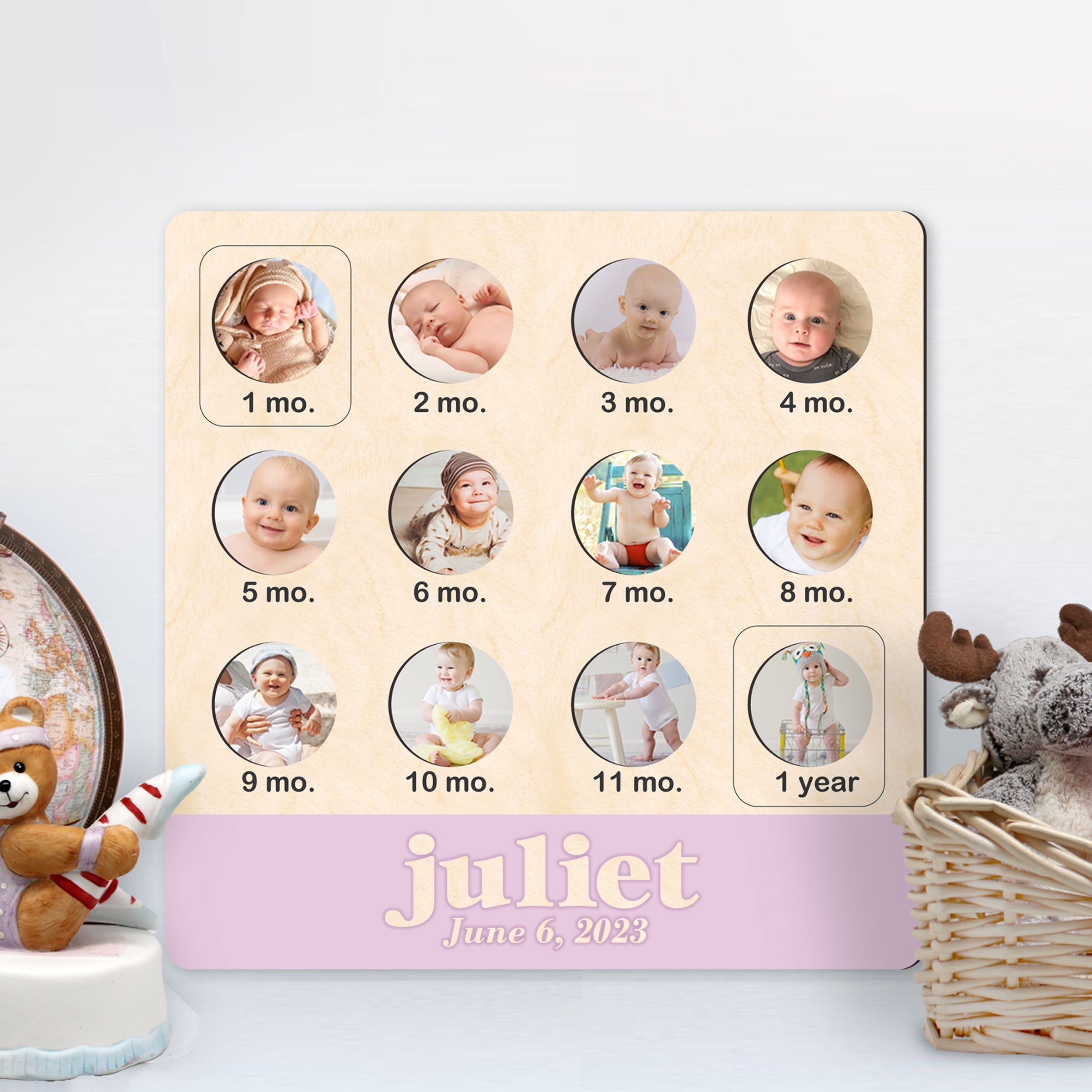 Custom wooden baby first year milestone photo collage board with monthly picture frames and personalized name