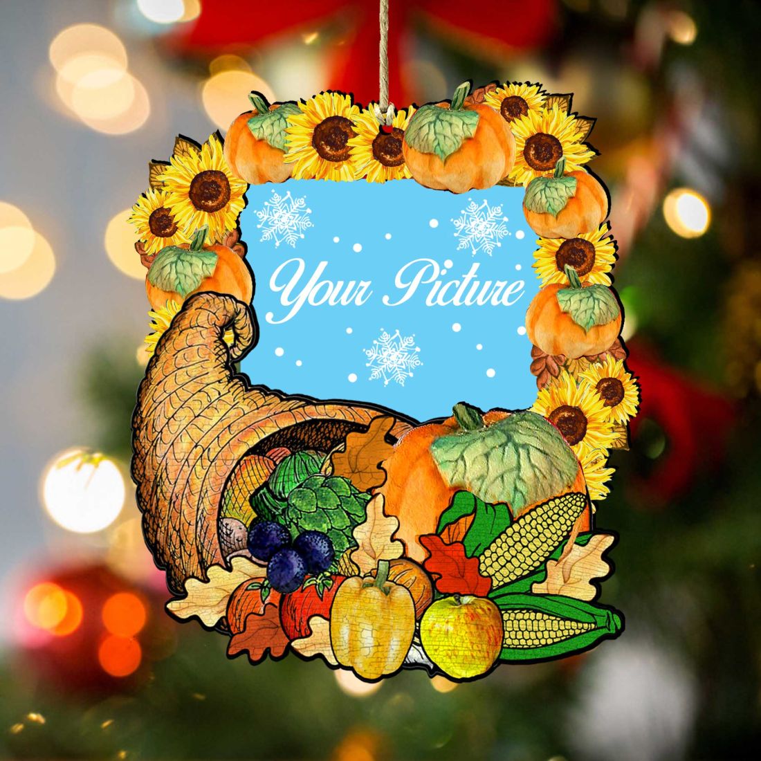 Handcrafted wood Thanksgiving picture frame ornament with festive holiday autumn art for hanging photos