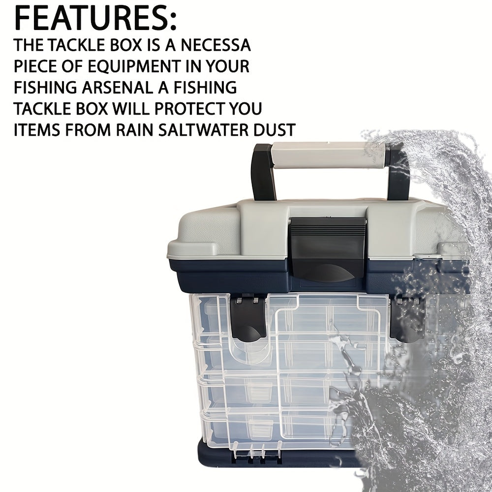 Grey 4-tier portable fishing tackle storage box with transparent multi-compartment organizer for bait and accessories — view 3