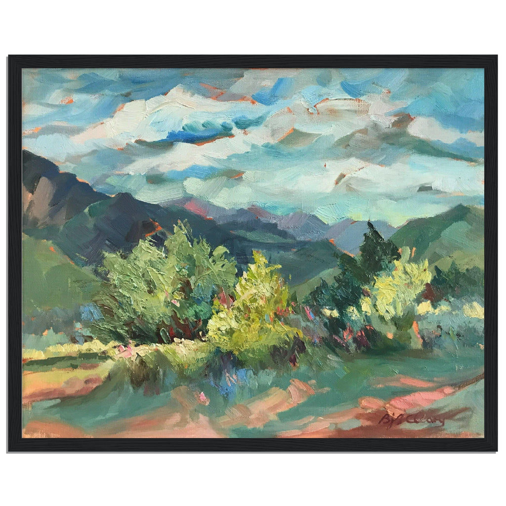 ‘Pueblo Lands Plein Air’ Southwestern Landscape | 16x20 Wooden Framed Art Print | Original Artwork by American Artist Barbara Cleary-1