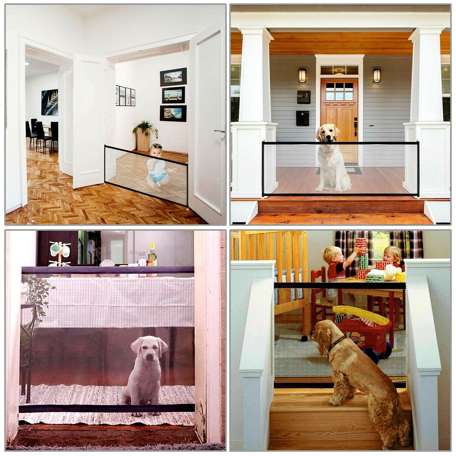 Portable mesh pet gate in black nylon fabric with stainless steel poles installed in a doorway — view 2