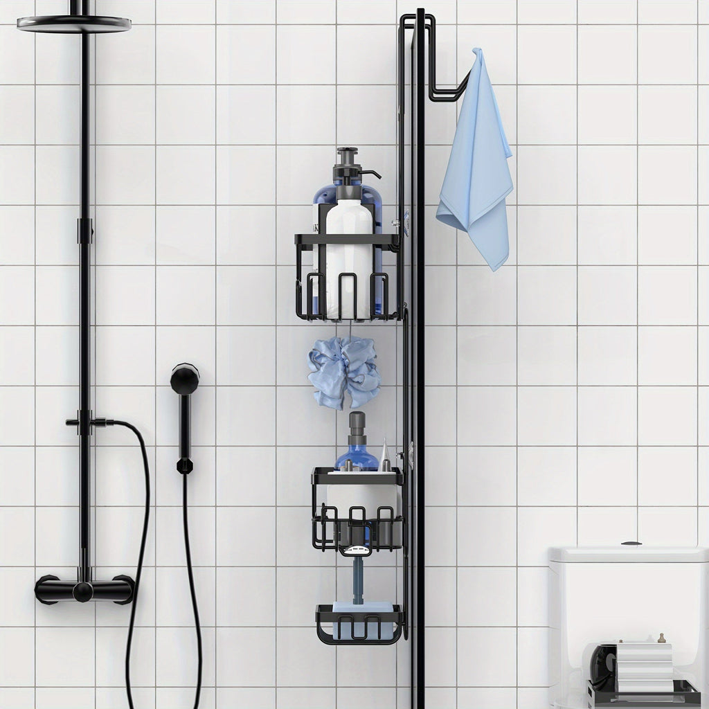 Black stainless steel over the door shower organizer rack holding towels and bathroom accessories — view 4
