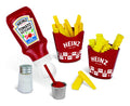 Heinz pretend play food snack set with plastic ketchup bottle, fries, and chip containers