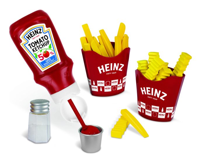 Heinz pretend play food snack set with plastic ketchup bottle, fries, and chip containers