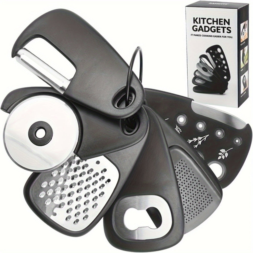 6-piece RV kitchen gadget set in black ABS plastic and stainless steel with storage pouch