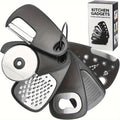 6-piece RV kitchen gadget set in black ABS plastic and stainless steel with storage pouch