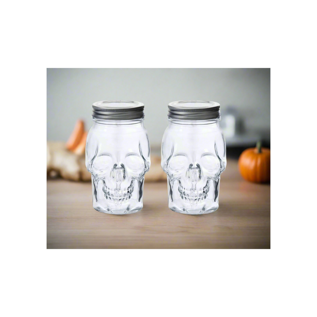 Clear glass 16oz skull mason jar set with two airtight lids for food storage and drinks — view 5