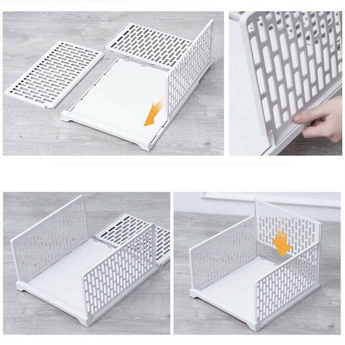 White stackable and foldable plastic closet organizer basket storage shelf for bedroom clothing organization — view 2