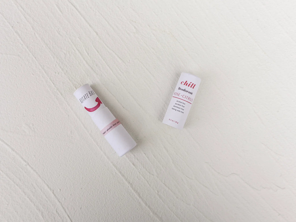 Rose and citrus natural deodorant stick in a zero waste eco friendly cardboard push tube — view 3