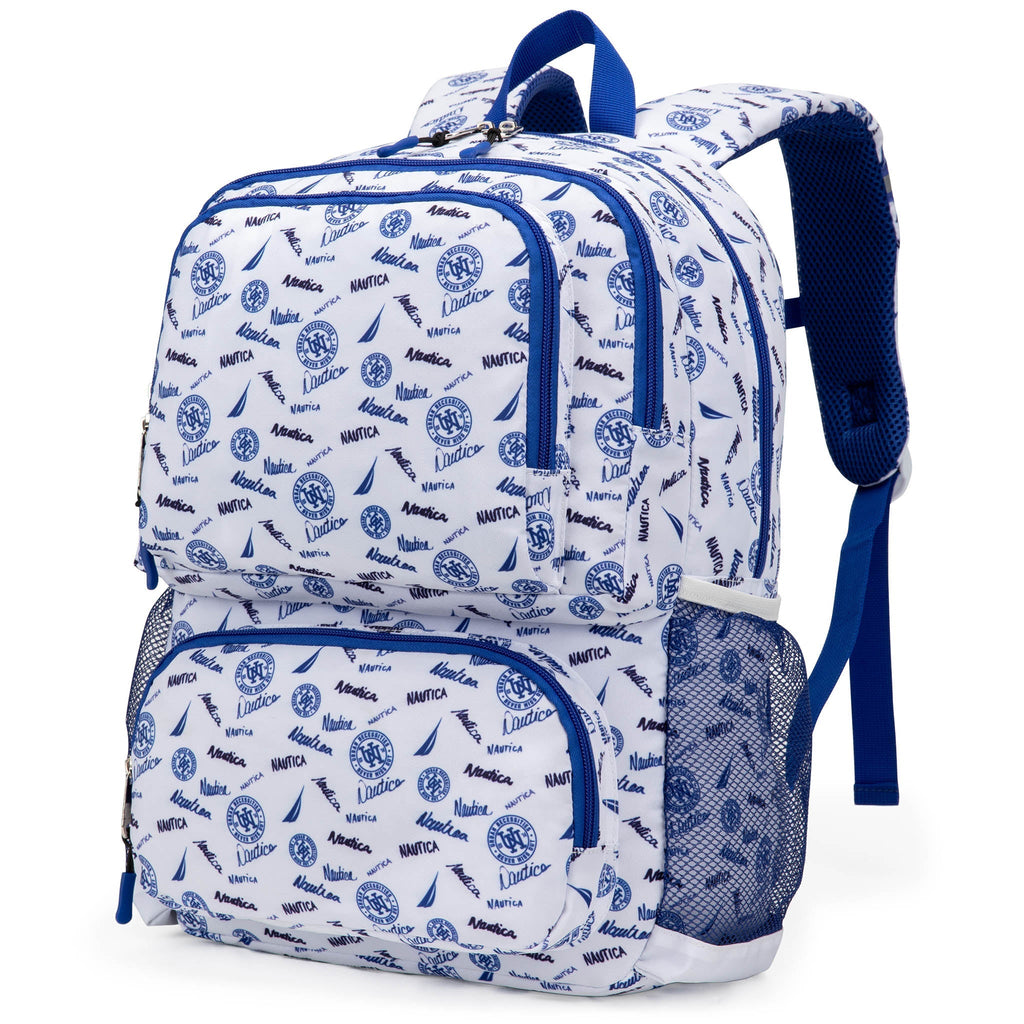 Nautica Varsity kids backpack in durable polyester with padded straps, laptop sleeve, and multiple pockets