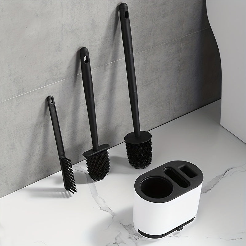 Black silicone toilet brush and holder set with ergonomic no-slip long handle for bathroom cleaning — view 4