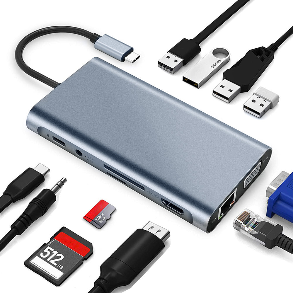 Metallic 11-in-1 USB-C hub multiport adapter featuring HDMI ethernet and memory card slots — view 2