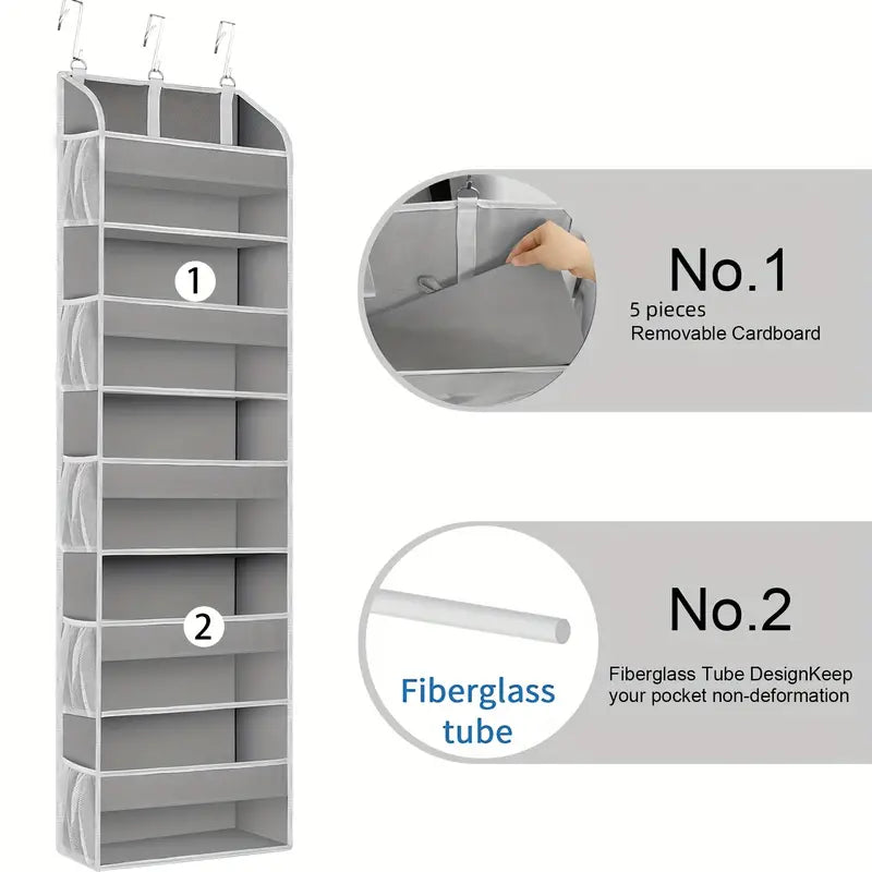 Light gray 5-shelf over-the-door organizer with 10 large side pockets hanging on a white door — view 2