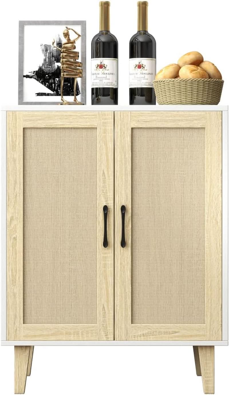 White buffet cabinet sideboard with woven natural rattan doors and modern metallic alloy handles — view 4