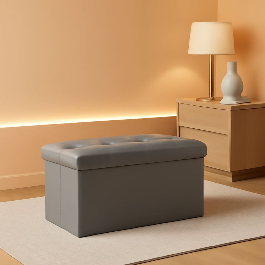 30-inch gray storage ottoman bench with padded faux leather lid and internal divider