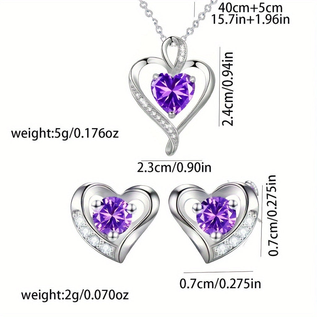 Elegant heart-shaped jewelry set featuring a necklace and earrings with purple cubic zirconia gemstones — view 4