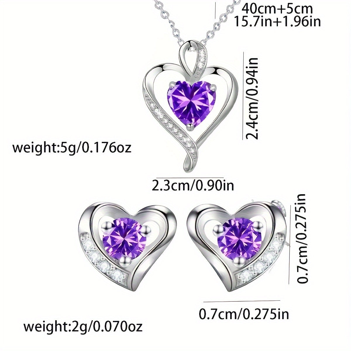 Elegant heart-shaped jewelry set featuring a necklace and earrings with purple cubic zirconia gemstones — view 4