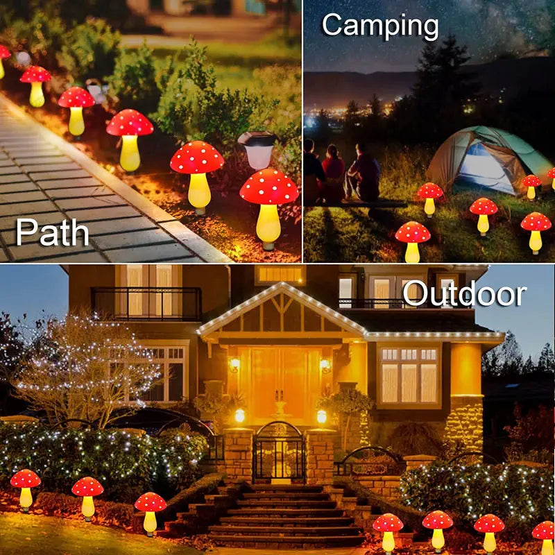 Set of 8 red solar mushroom garden lights illuminating a grass pathway with warm white LEDs — view 2