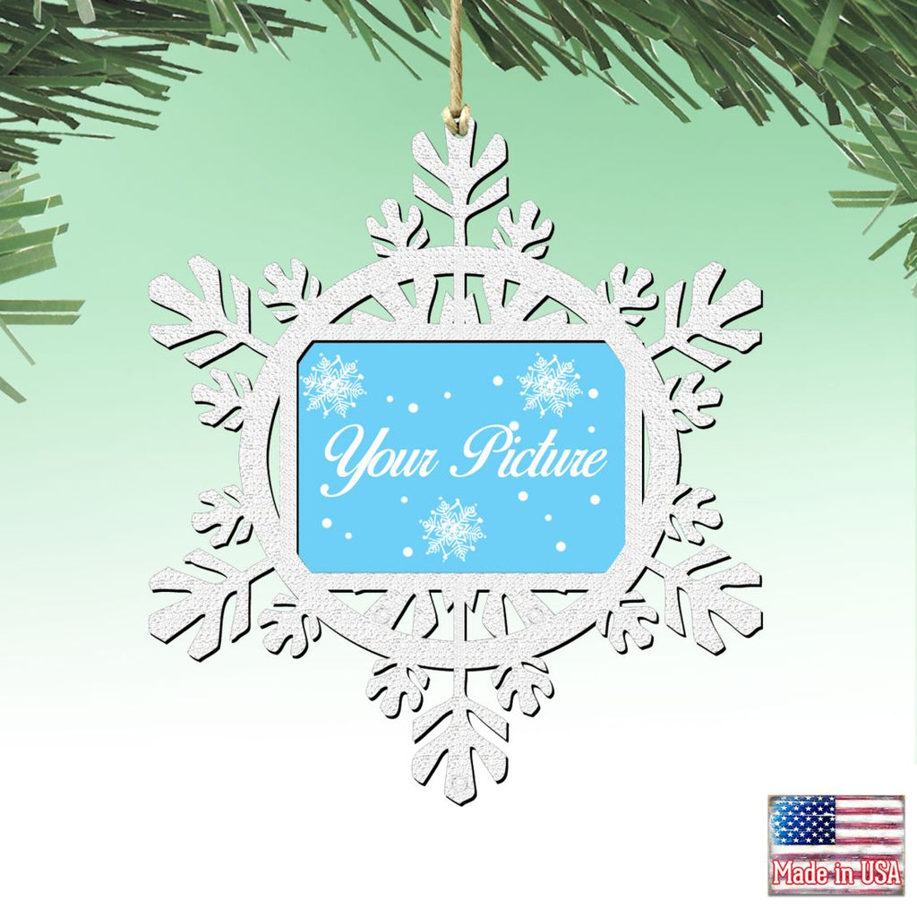 Handcrafted wooden snowflake picture frame ornament displaying a family photo for Christmas tree decor — view 5