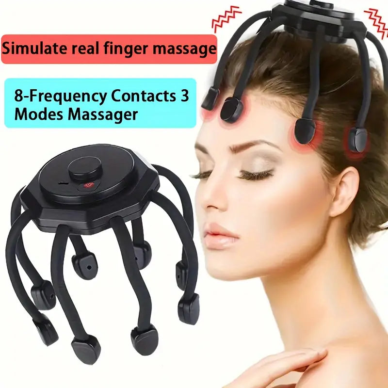 Black rechargeable 8-finger scalp massager with ergonomic handle and flexible massage nodes for tension relief — view 2