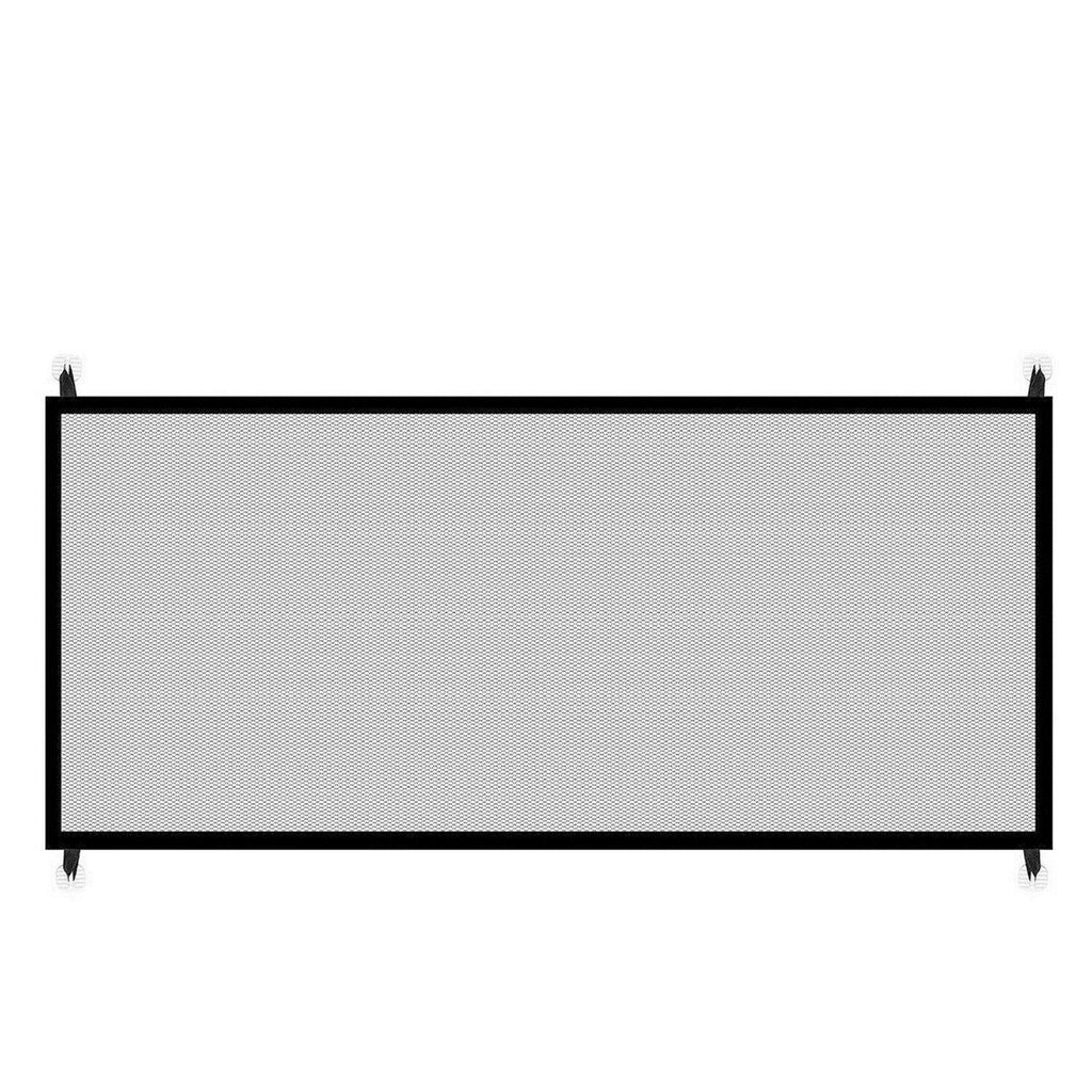 Black portable mesh pet safety gate with nylon barrier installed in home hallway — view 3