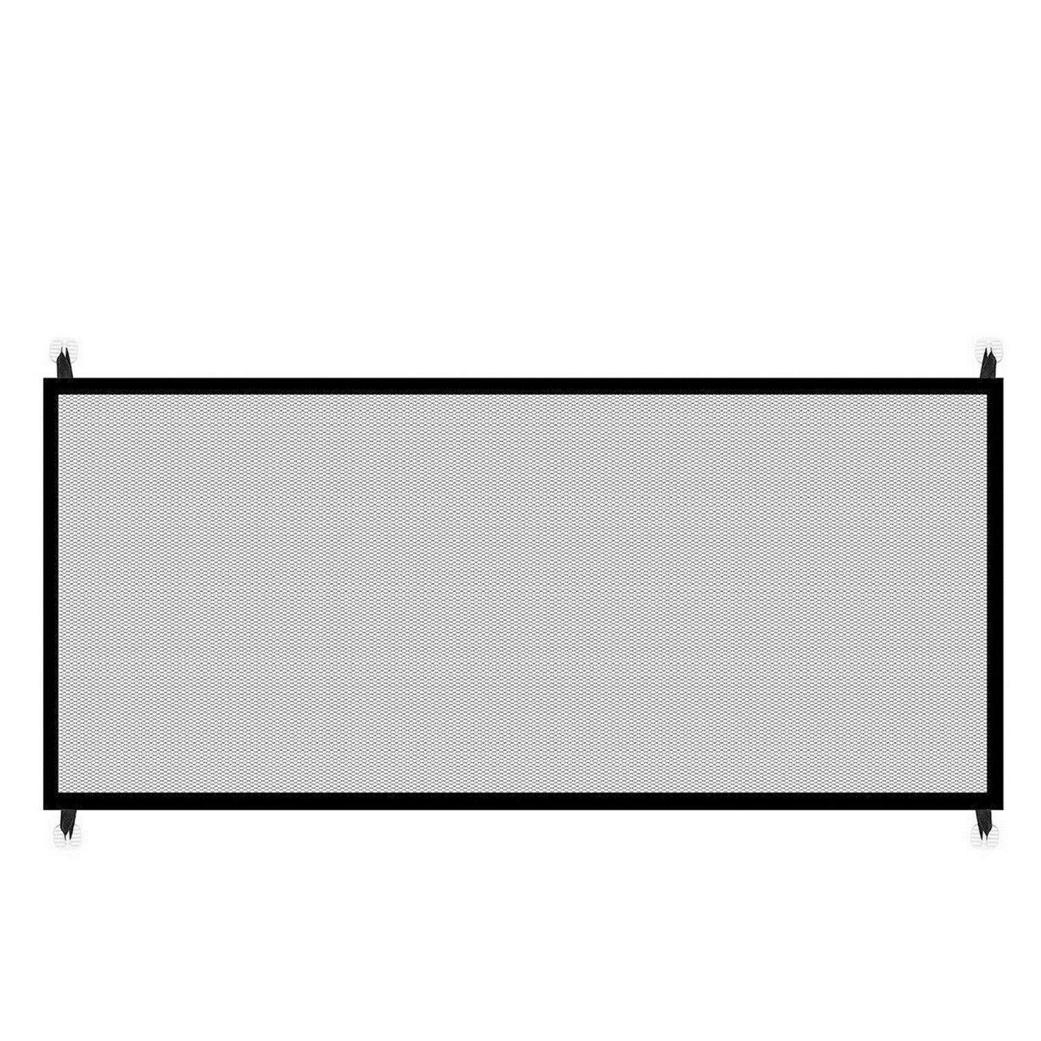 Black portable mesh pet safety gate with nylon barrier installed in home hallway — view 3