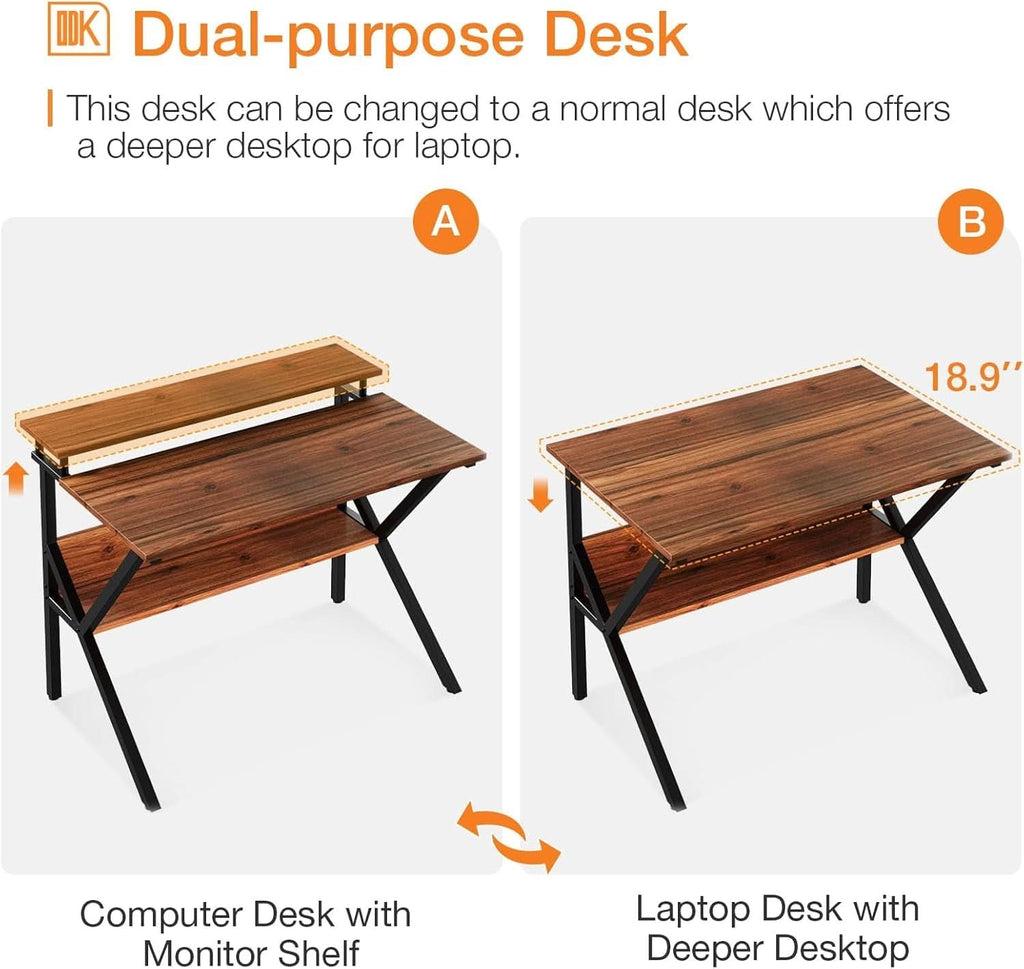 Espresso brown 27.5-inch compact computer desk with built-in monitor stand and lower storage shelf — view 5