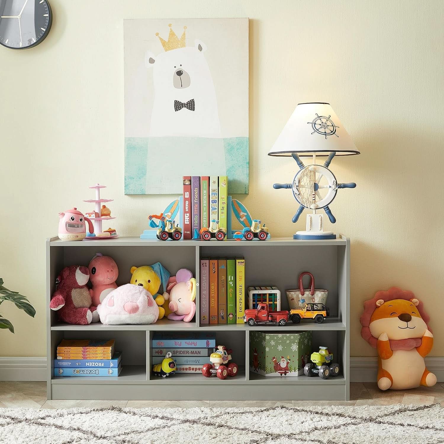 Grey five-section wooden kids bookshelf and toy organizer cabinet for playroom storage — view 4