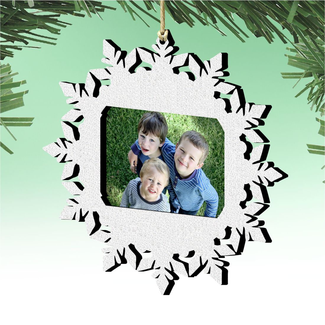 Handcrafted wooden snowflake Christmas picture frame ornament for four by two inch photos — view 2