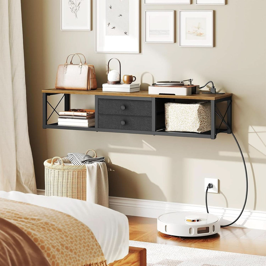 Rustic brown wall mounted TV stand with charging station, mesh shelves, and fabric drawers — view 2