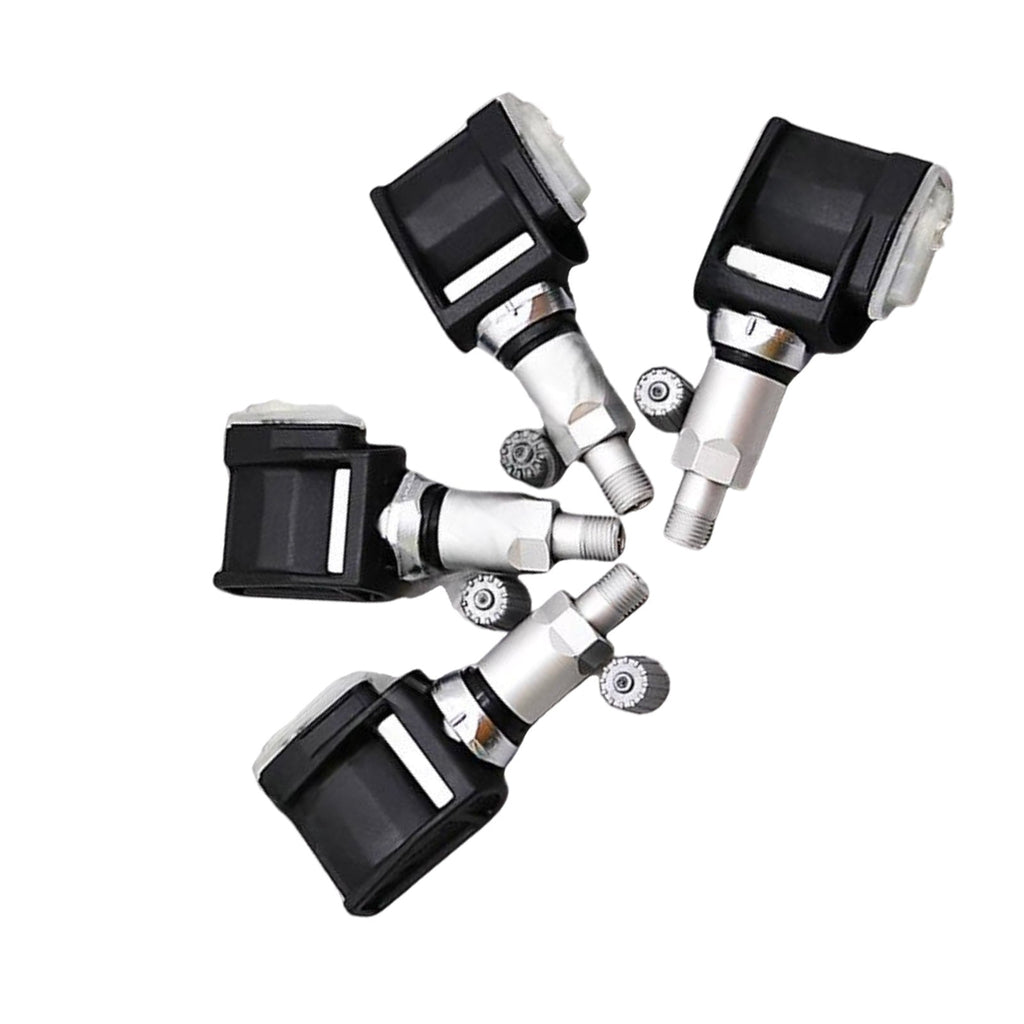 Four black metal and plastic tire pressure monitoring sensors with screw-in mounts for vehicles — view 2