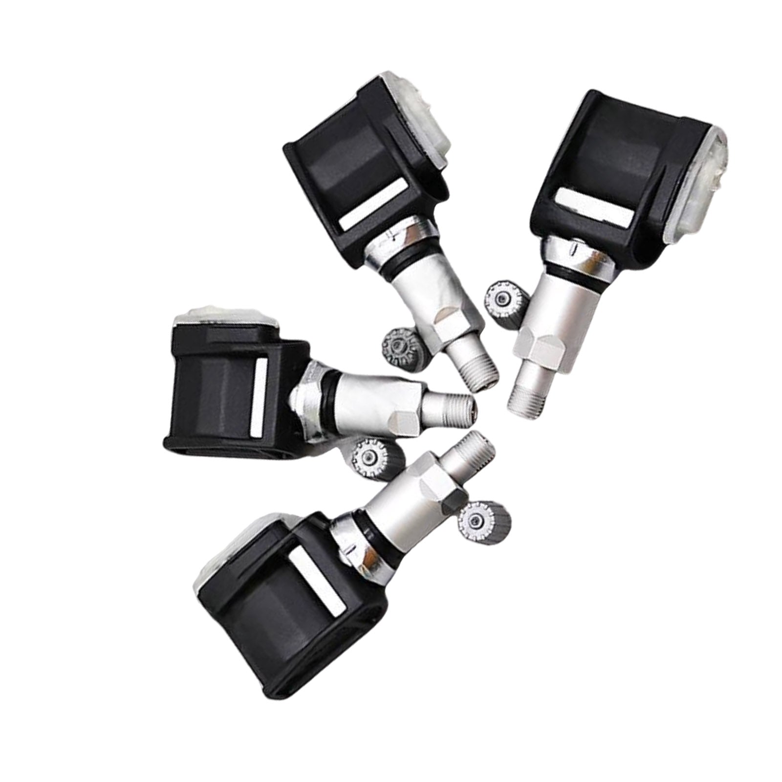 Four black metal and plastic tire pressure monitoring sensors with screw-in mounts for vehicles — view 2