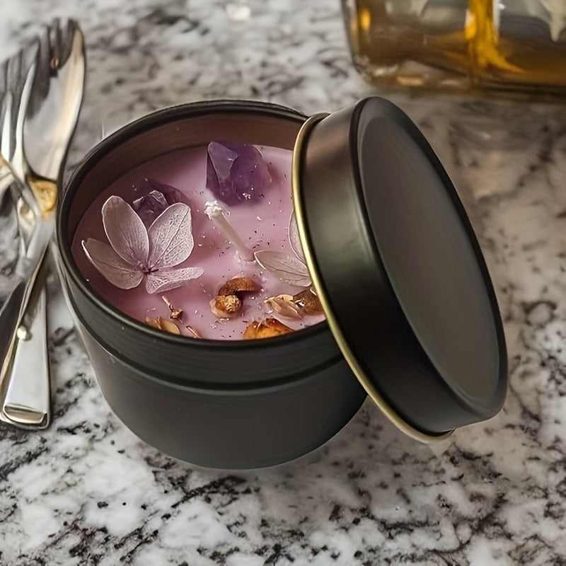 Lavender scented candle made of natural soy wax decorated with purple crystals and delicate floral petals — view 5