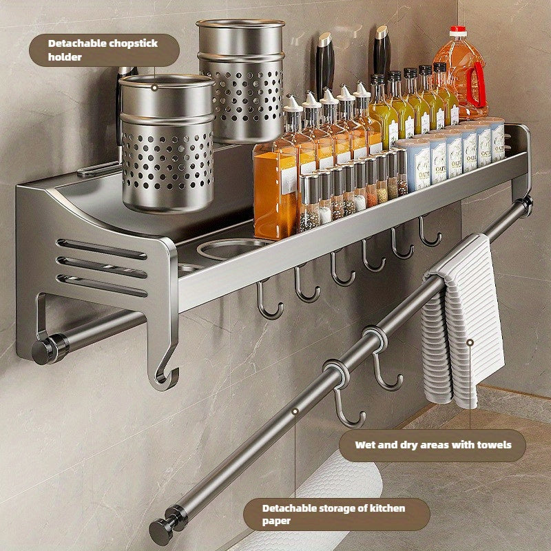 Bronze wall-mounted stainless steel kitchen storage rack with utensil cups, knife slots, and hanging hooks. — view 4