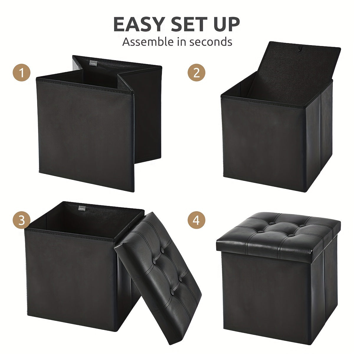 Black foldable faux leather storage stool and footrest for compact living and home organization — view 2
