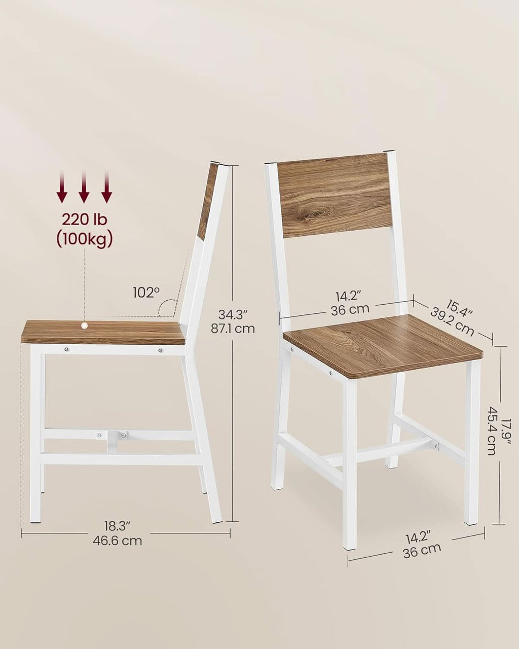 Rustic wood dining chairs set of 2 with cloud white seats and steel metal frames — view 2