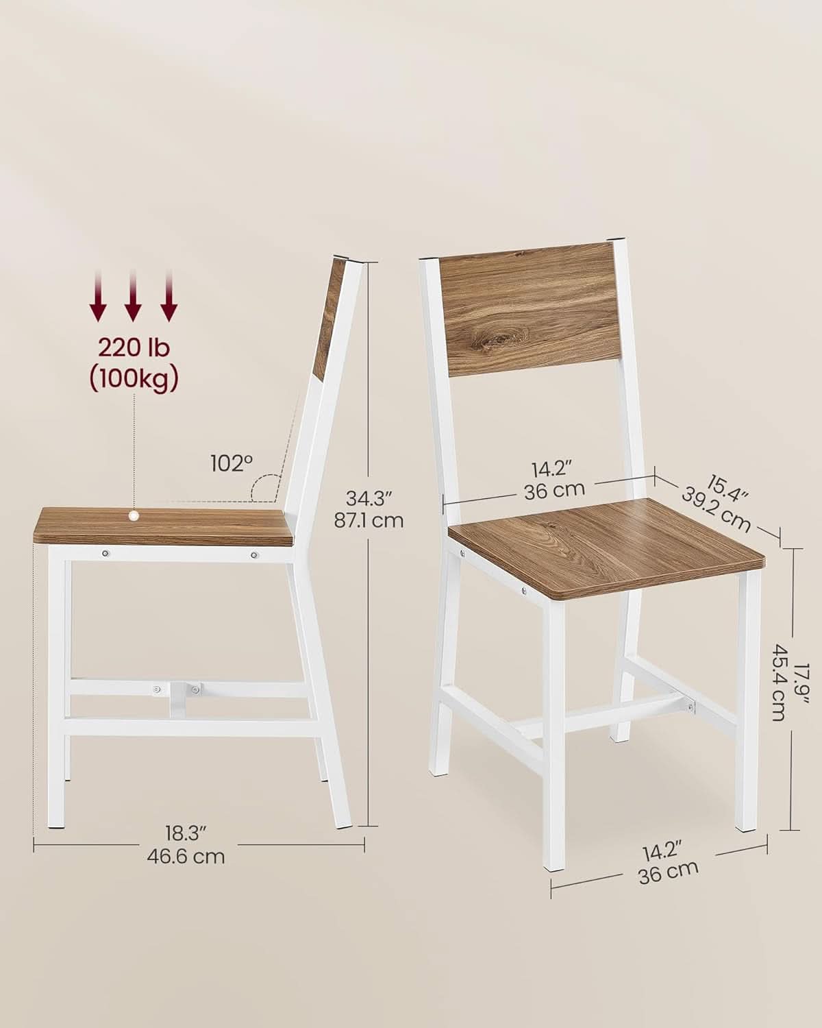 Rustic wood dining chairs set of 2 with cloud white seats and steel metal frames — view 2