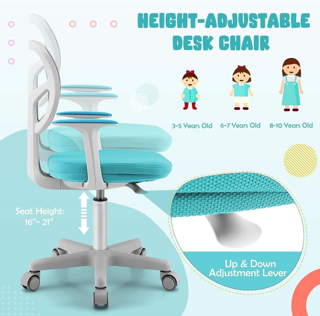 Cyan ergonomic kids desk chair with breathable mesh back, padded armrests, and rolling casters. — view 3