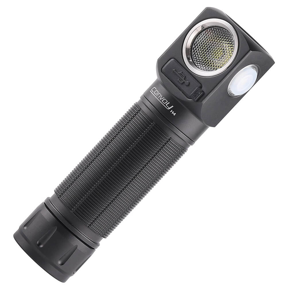 Black aluminum alloy Convoy H4 headlamp with a blue adjustable headband and metallic clip