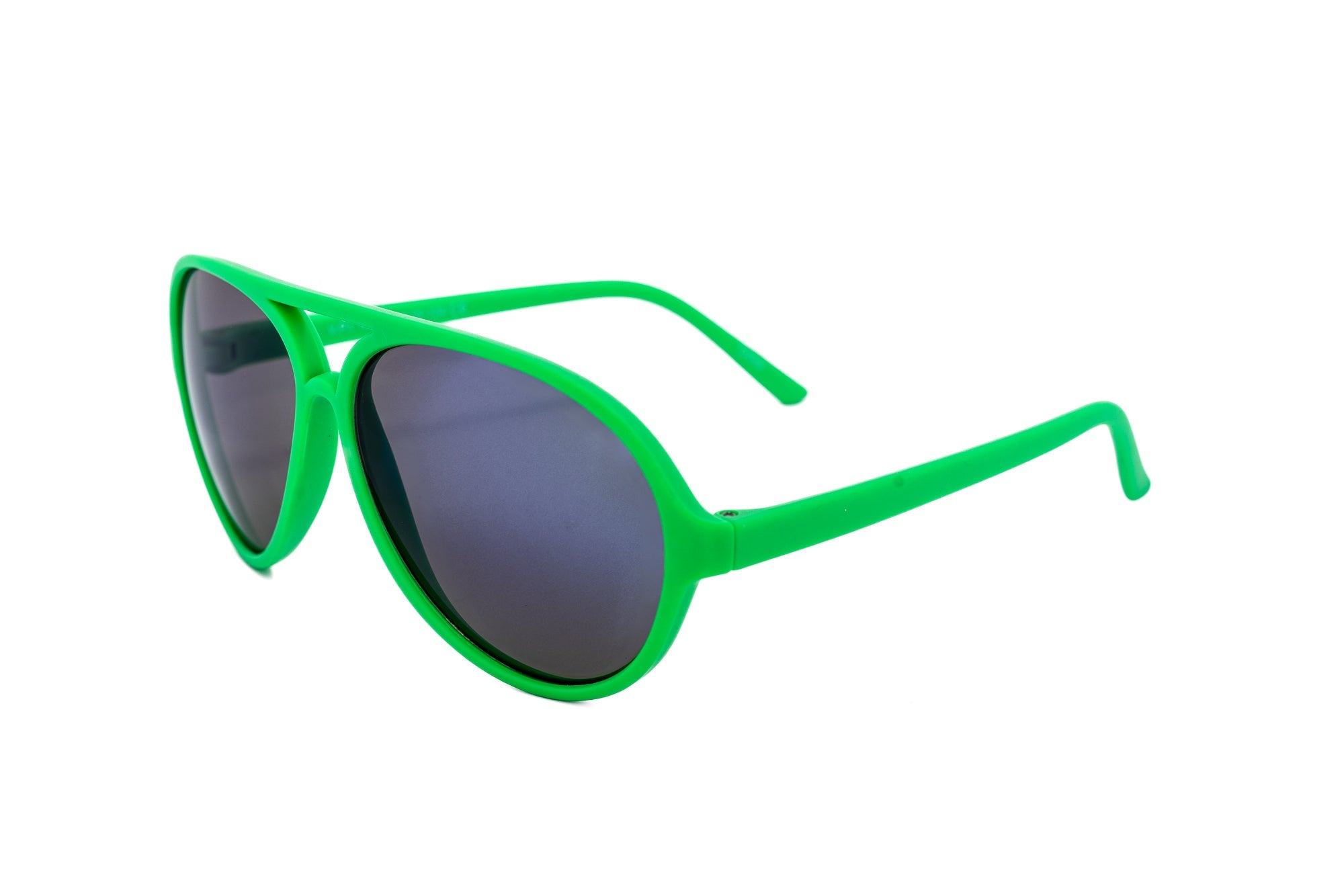 Neon green kids aviator sunglasses with dark smoke lenses and matte finish polycarbonate frame