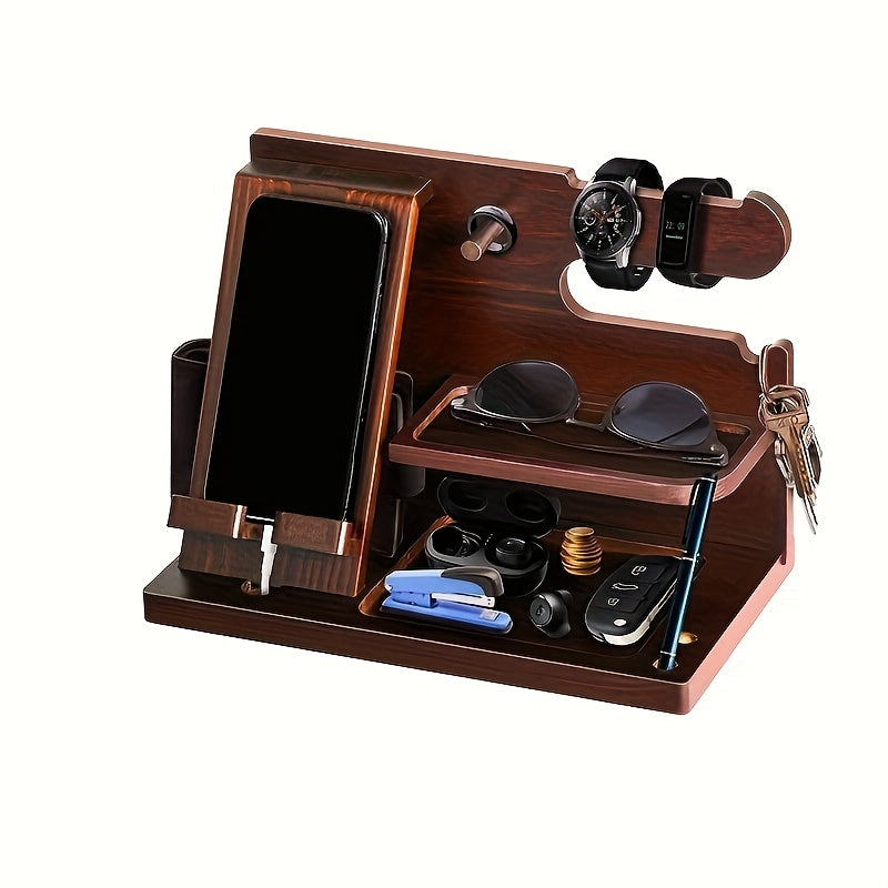 Wooden desk organizer and phone docking station in walnut finish holding watch keys and wallet — view 2