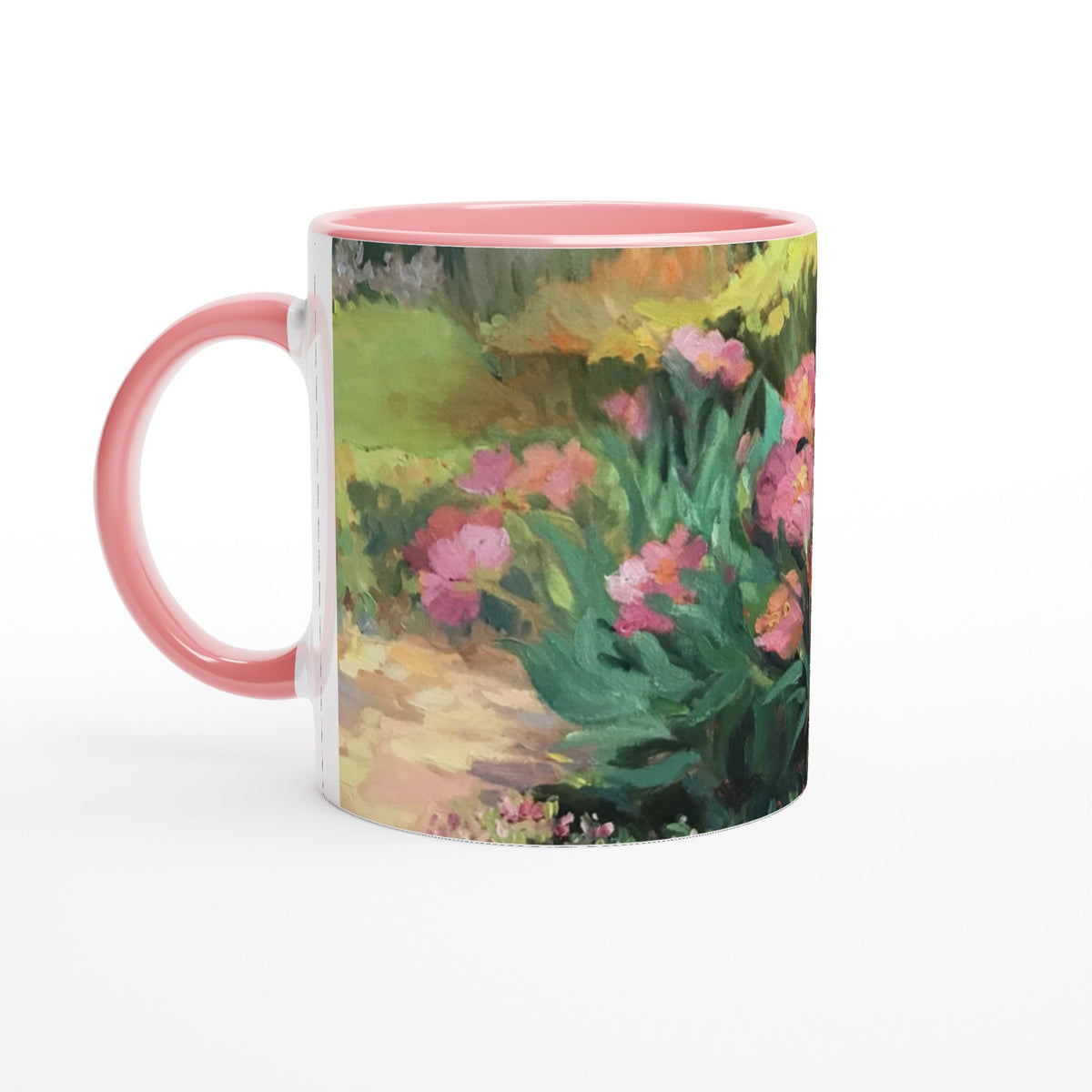 11oz White Ceramic Mug with Color Inside | Coffee Cup with 'Garden Peonies' Floral Artwork by American Artist Barbara Cleary-0
