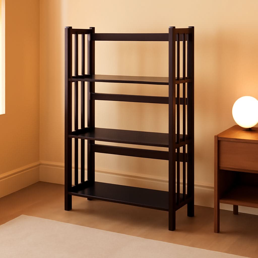 Three shelf folding stackable bookcase in rich solid espresso wood for home office storage