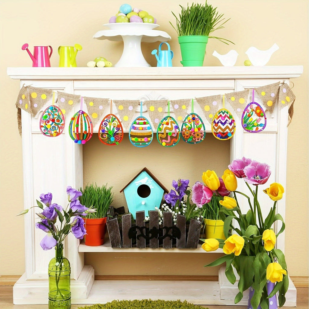 24 piece DIY wooden egg craft kit featuring unpainted hanging ornaments with etched floral patterns — view 3