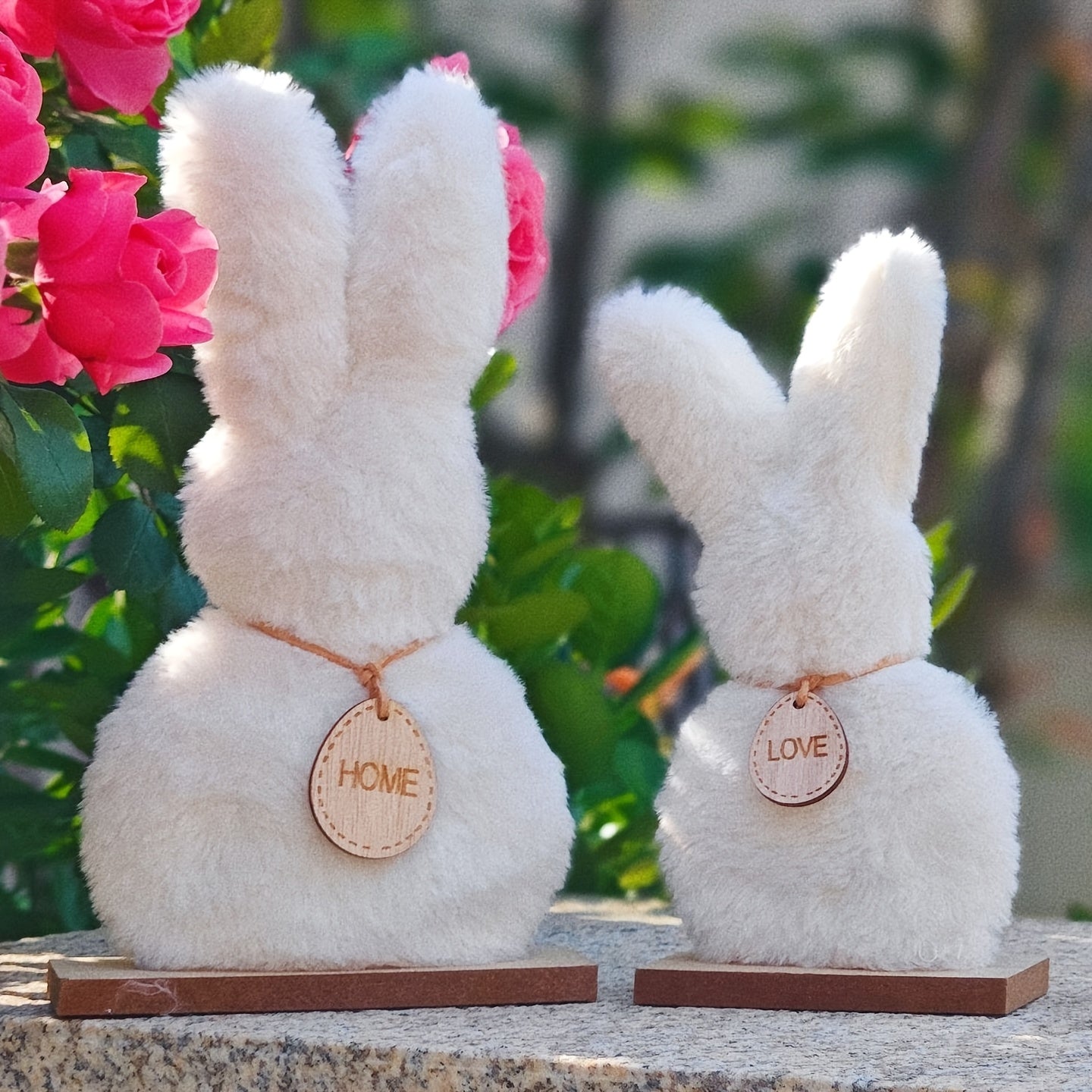 Two fluffy plush Easter bunny decorations in large and small sizes for festive spring home decor — view 3