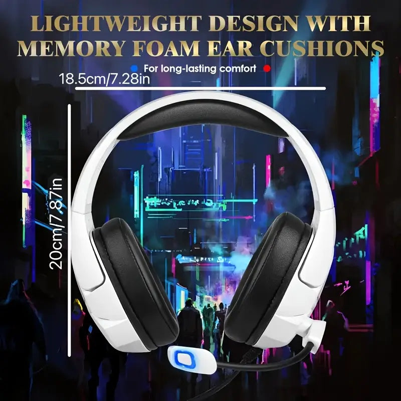 White NNETM gaming headset with RGB lighting, flexible microphone, and plush over-ear earmuffs — view 2